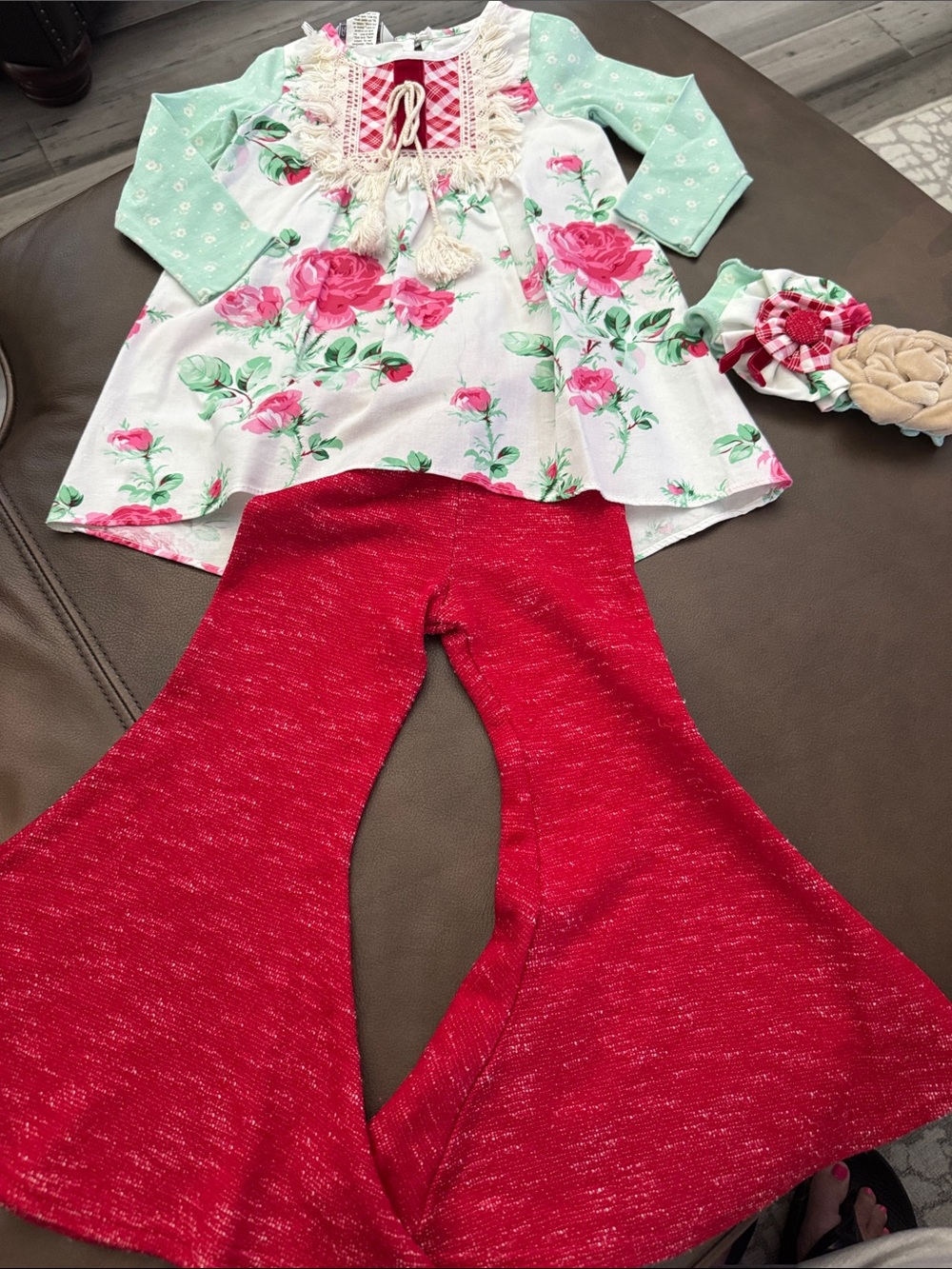 Girls Floral Mint and Red Set with Red Flare Pants